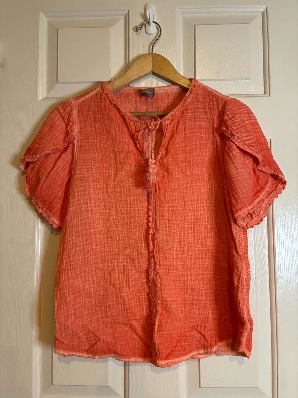 Chico's Coral Tassel Tie Short Sleeve Blouse